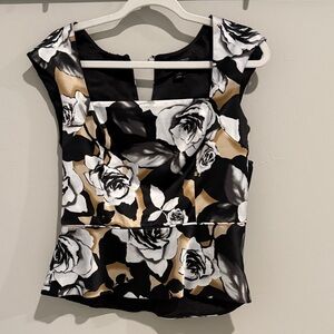 White House Black Market Black and White Floral Satin Blouse
